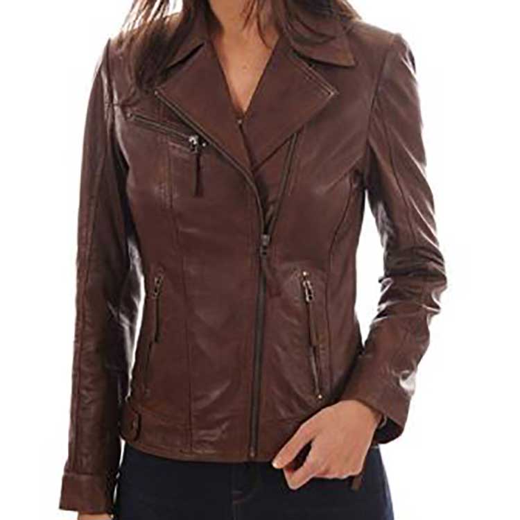 Women Slim Fit Brown Biker Leather Jacket Sale | Jacket World