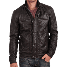MEN'S BROWN CAFE RACER STYLE LEATHER JACKET
