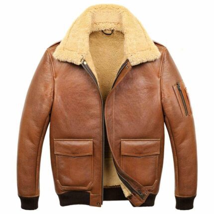 Camel Brown Aviator Faux Shearling Leather Jacket Sale
