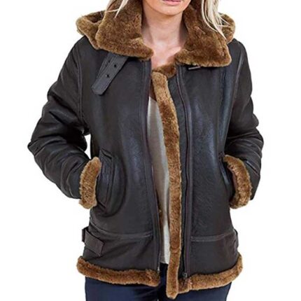 WOMEN BROWN SHEARLING HOODED LEATHER JACKET