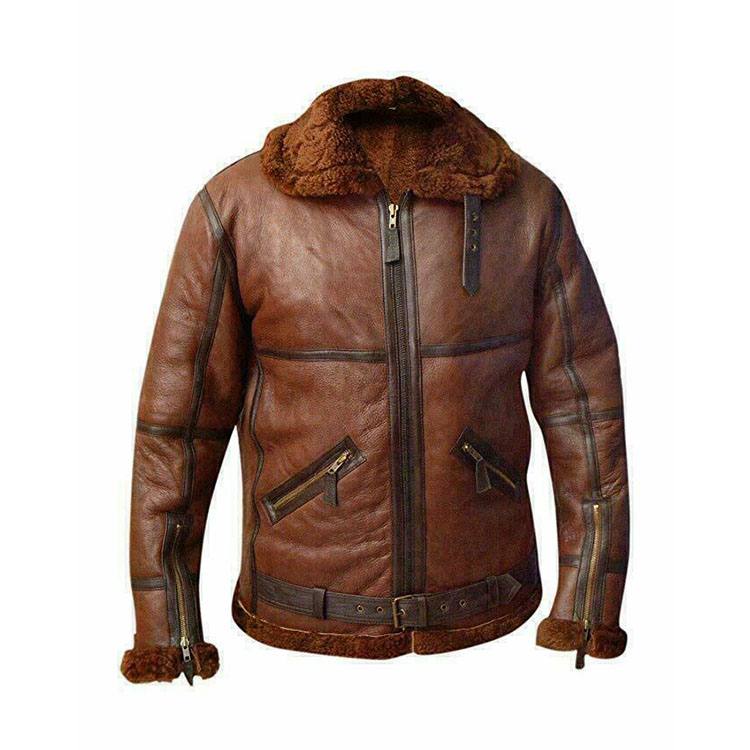 AVIATOR BROWN BOMBER FUR COLLAR LEATHER JACKET