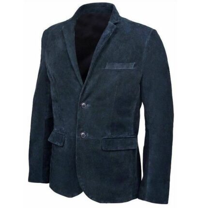 NAVY BLUE CASUAL SUEDE LEATHER CLASSIC BLAZER FRONT