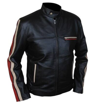 RED AND WHITE STRIPE BLACK LEATHER JACKET