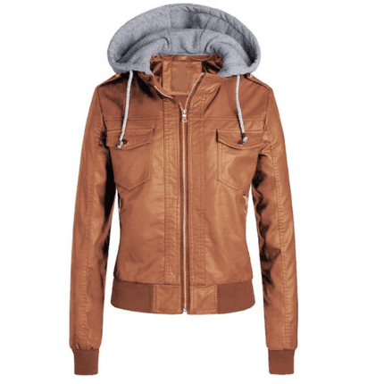 Tan Brown Removable Hood Bomber Leather Jacket