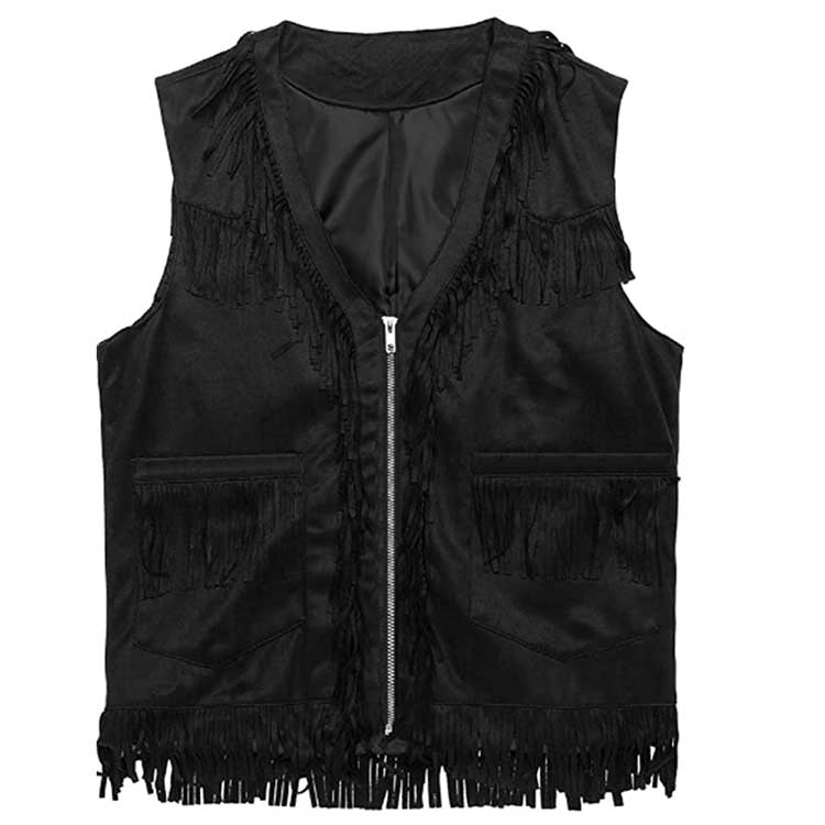 COWBOY BLACK FRINGES GENUINE LEATHER VEST | JACKET WORLD