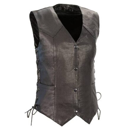WOMEN BLACK LEATHER VEST WITH SIDE LACE